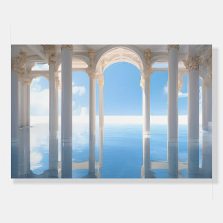 White columns surrounding a tranquil pool foam board