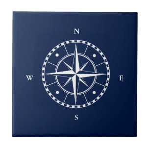 White Compass on Blue – Nautical Coastal Design Ceramic Tile