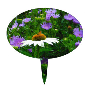 White Cone flower, purple flowers and moth Cake Topper