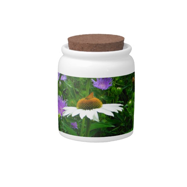 White Cone flower, purple flowers and moth Candy Jar (Front)