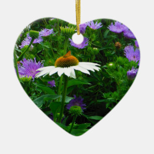 White Cone flower, purple flowers and moth Ceramic Ornament