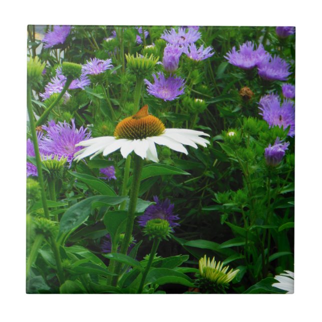 White Cone flower, purple flowers and moth Ceramic Tile (Front)