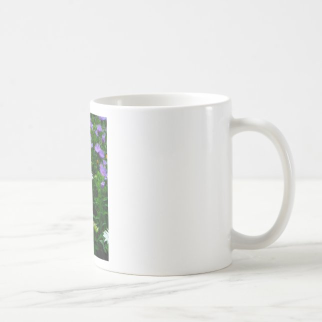 White Cone flower, purple flowers and moth Coffee Mug (Right)
