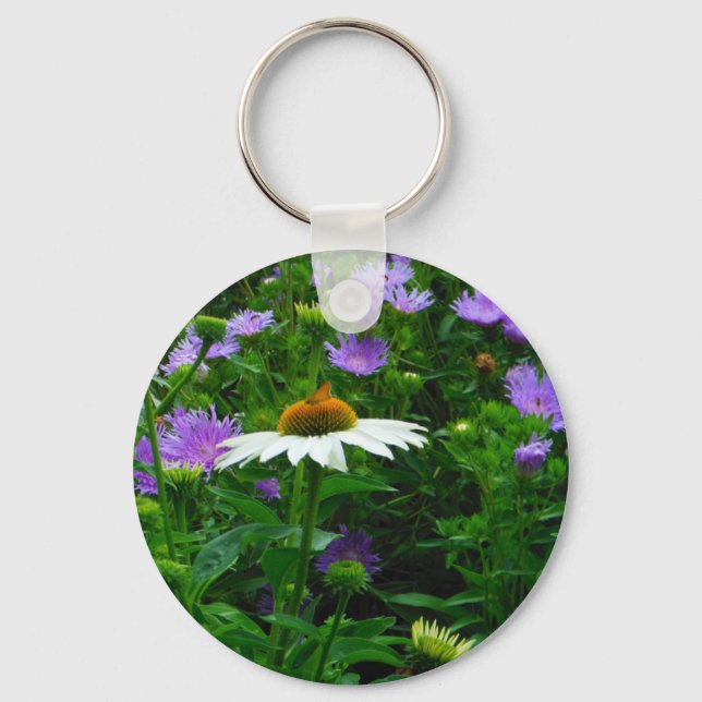 White Cone flower, purple flowers and moth Keychain (Front)