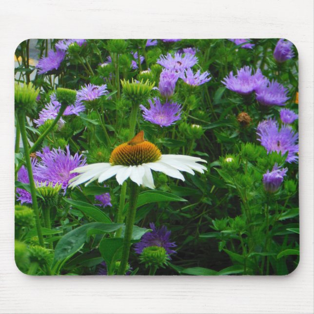 White Cone flower, purple flowers and moth Mouse Pad (Front)