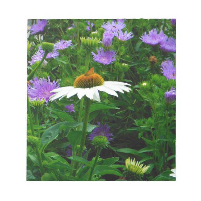White Cone flower, purple flowers and moth Notepad (Front)