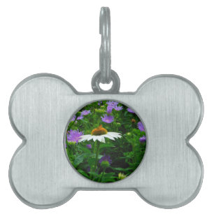 White Cone flower, purple flowers and moth Pet Tag