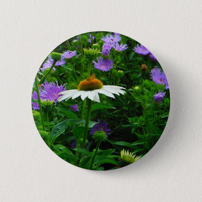 White Cone flower, purple flowers and moth Pinback Button (Front)