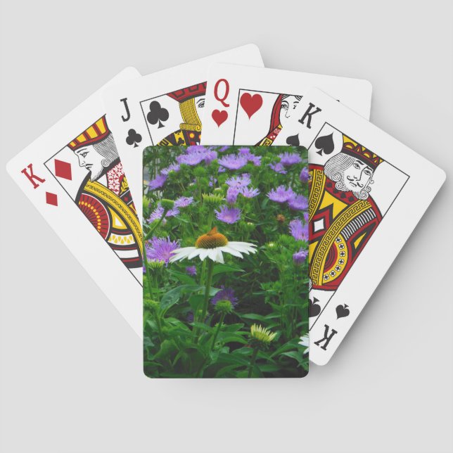 White Cone flower, purple flowers and moth Poker Cards (Back)
