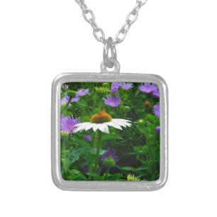 White Cone flower, purple flowers and moth Silver Plated Necklace