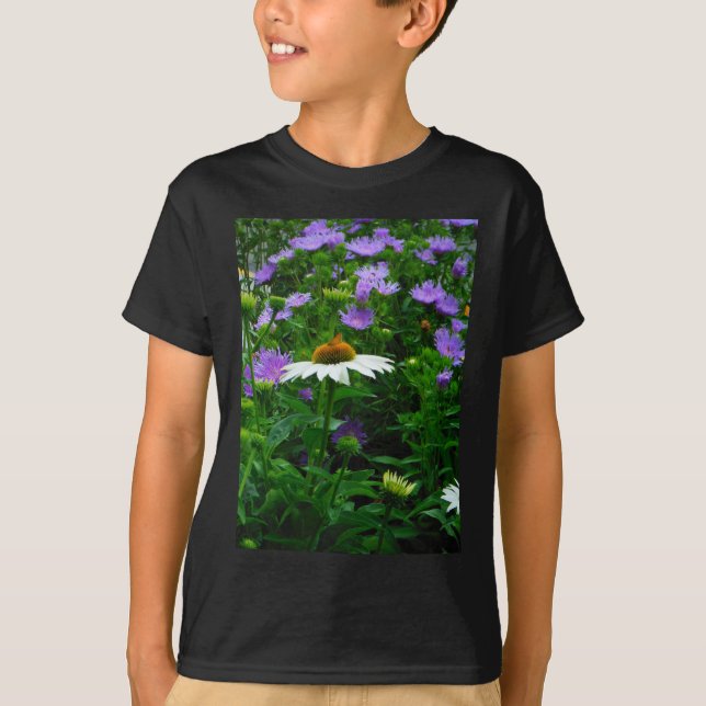 White Cone flower, purple flowers and moth T-Shirt (Front)