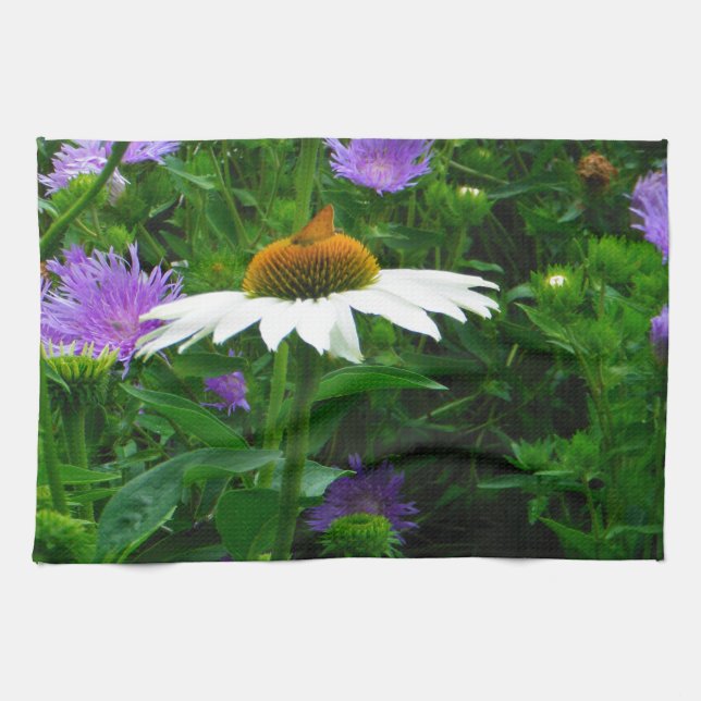 White Cone flower, purple flowers and moth Towel (Horizontal)