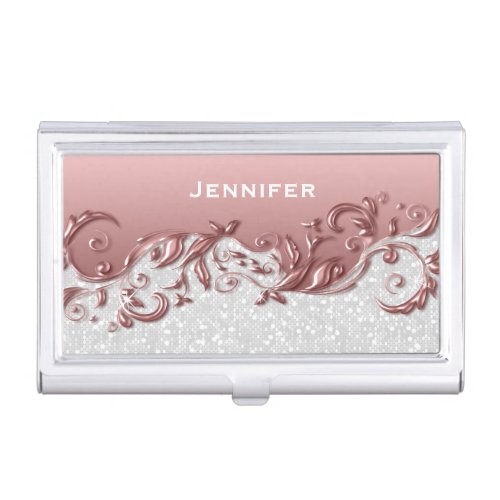 White Confetti Glitter  Pink Rose Metallic Business Card Case