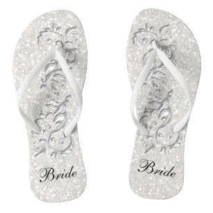 White Confetti Glitter & White Metallic   Bride Flip Flops