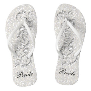 White Confetti Glitter & White Metallic   Bride Flip Flops
