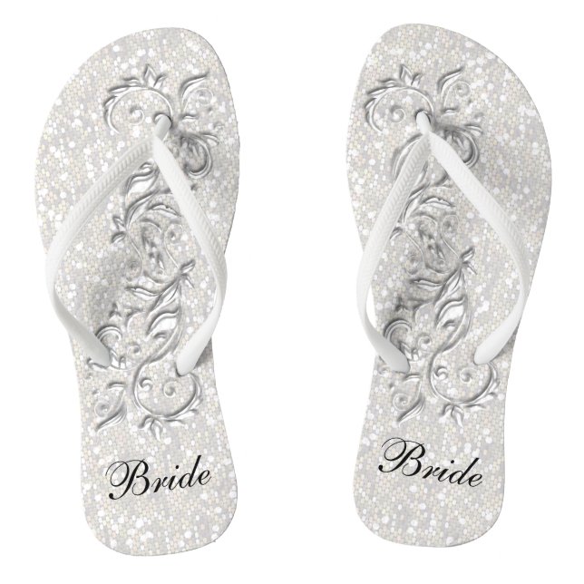 White Confetti Glitter & White Metallic | Bride Flip Flops (Footbed)