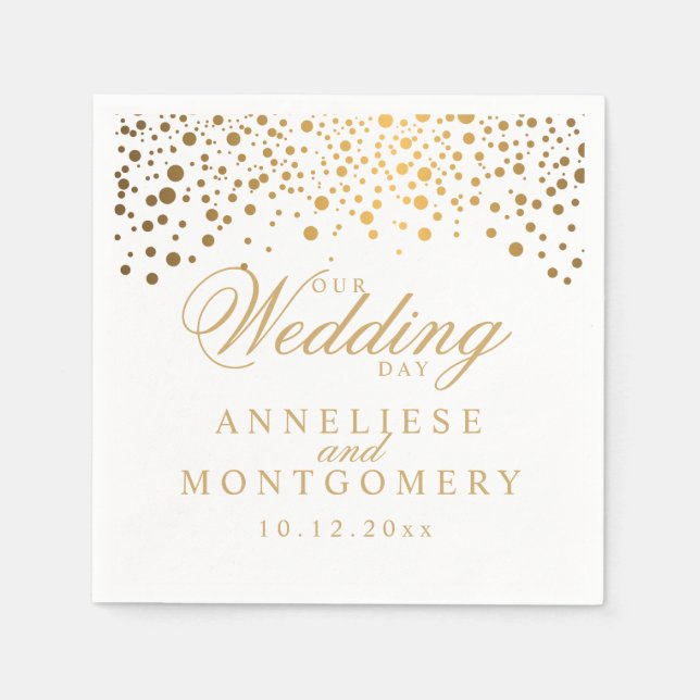 White & Confetti Gold Dots Our Wedding Day Napkins (Front)