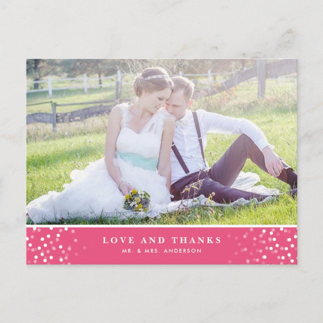WHITE CONFETTI | PINK WEDDING THANK YOU POSTCARD (Front)