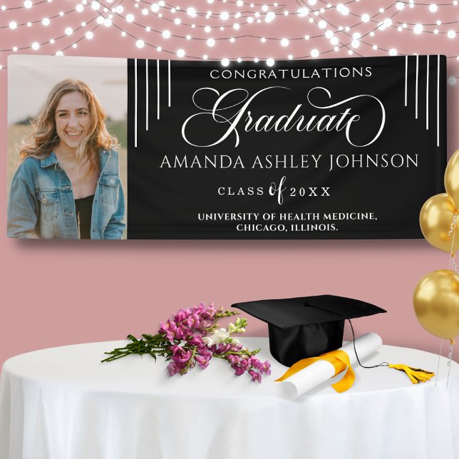 White Congratulations Photo Black Graduation Banner (Creator Uploaded)