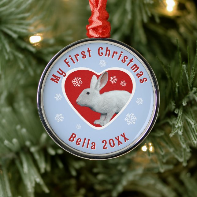 Personalized White Continental Giant Rabbit First Christmas Metal Ornament