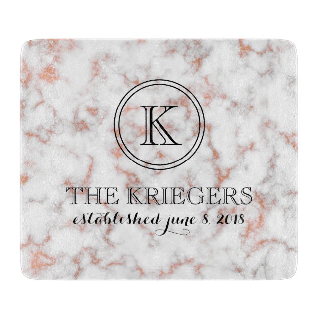 White Copper Metallic Marble Monogram Wedding Cutting Board (Front)