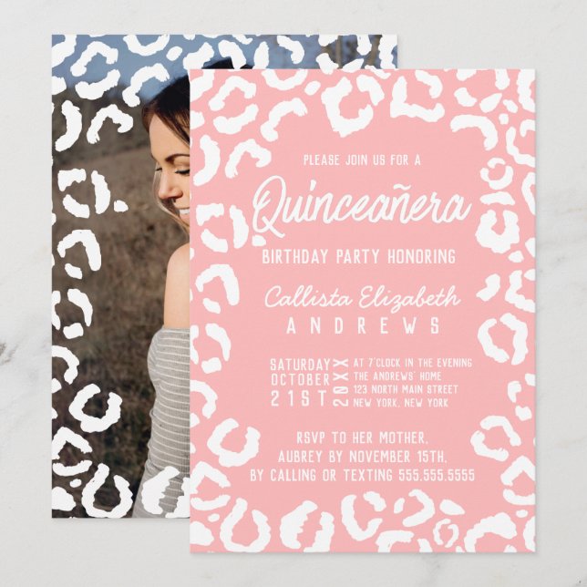 White Coral Cheetah Leopard Quinceañera Photo Invitation (Front/Back)
