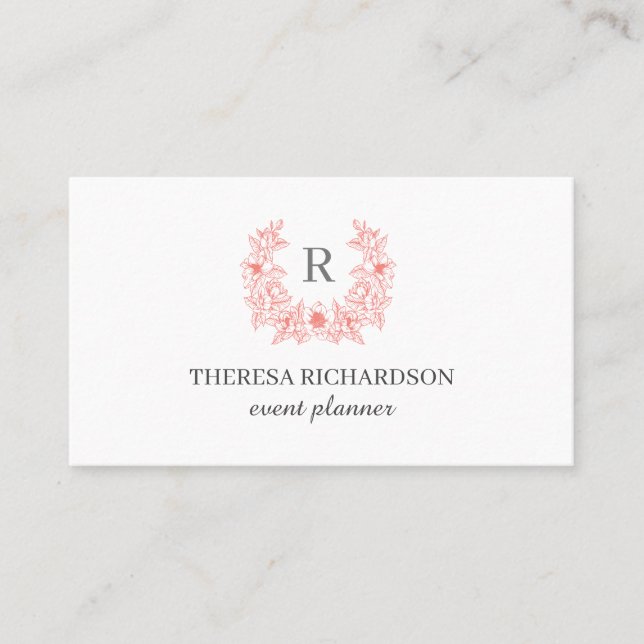 White Coral Magnolia Wreath Monogram  professional Business Card (Front)