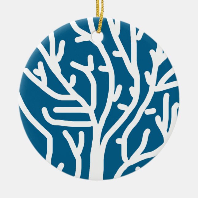 White coral on blue aquatic life ceramic ornament (Front)