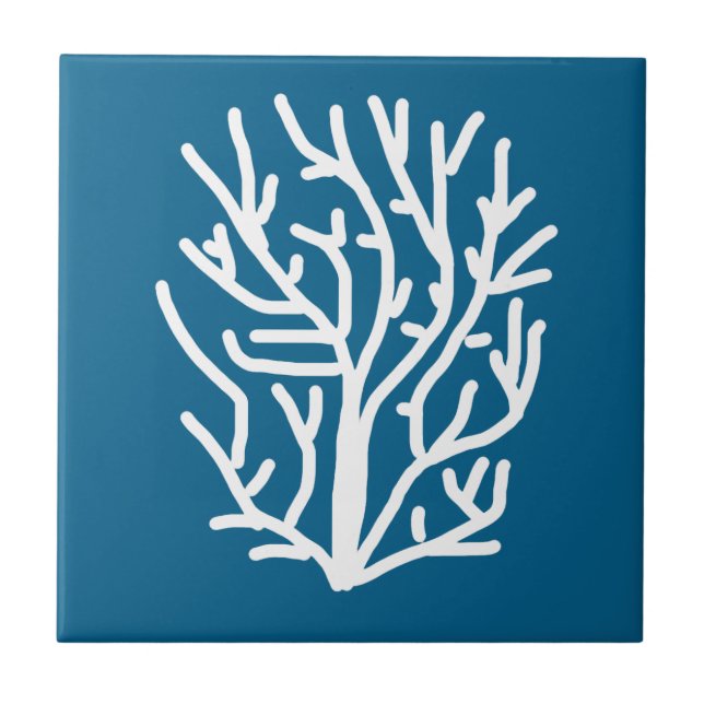 White coral on blue aquatic life ceramic tile (Front)