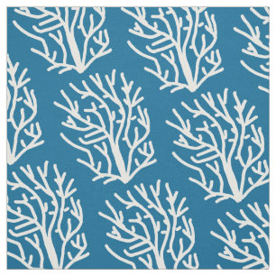 White coral on blue aquatic life fabric