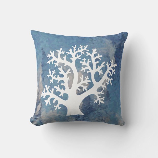 White Coral on Blue Throw Pillow (Front)