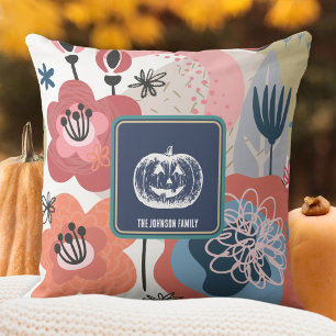 White Coral Pink Fall Floral Pumpkin Throw Pillow