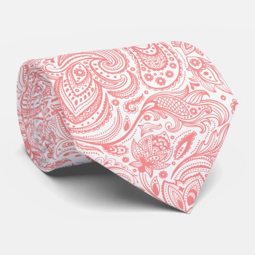 White  Coral_Red Floral Paisley Pattern Tie