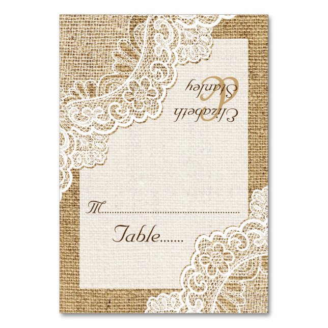 White corner lace on burlap wedding place card (Front)