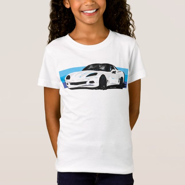 White Corvette C6 with Blue Stripes T-Shirt (Front)