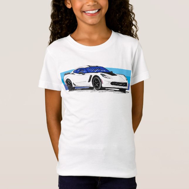 White Corvette C7 with Blue Stripes T-Shirt (Front)