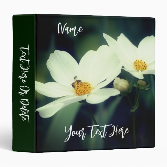 White Cosmos Flower And Bee Nature Personalized 3 Ring Binder (Front/Spine)
