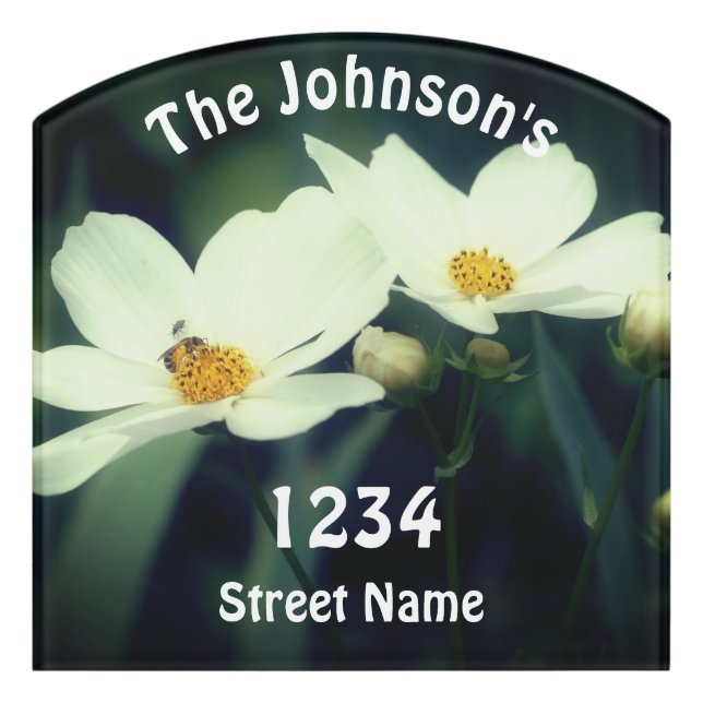 White Cosmos Flowers And Bee Personalized Door Sign (Contour Front)