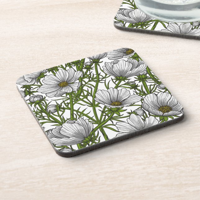 White cosmos flowers beverage coaster (Left Side)