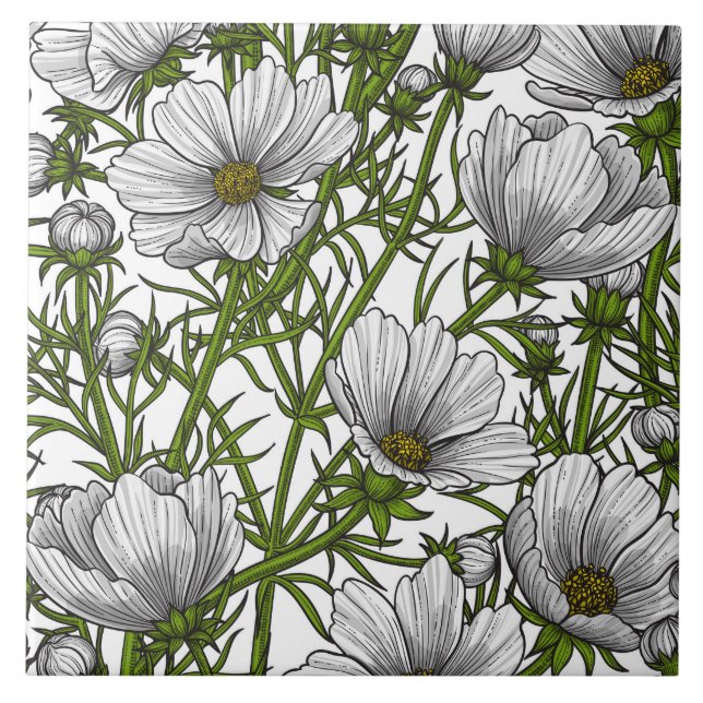 White cosmos flowers ceramic tile (Front)