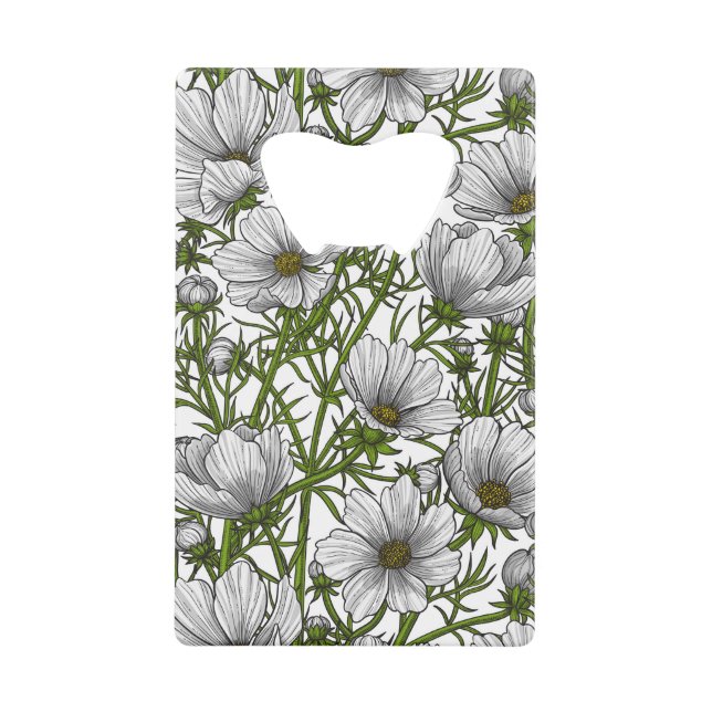 White cosmos flowers credit card bottle opener (Front)