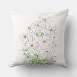 white cosmos flowers ink and watercolor throw pillow