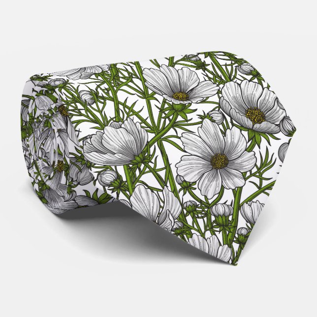 White cosmos flowers neck tie (Rolled)