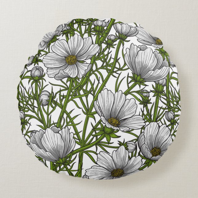 White cosmos flowers round pillow (Front)