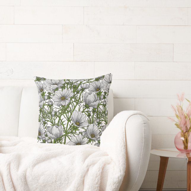 White cosmos flowers throw pillow (Couch)