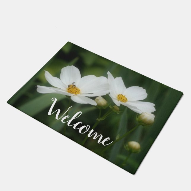 White Cosmos Flowers With Bee  Doormat (Angled)