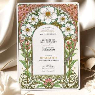 White Cosmos & Pink Blossoms Art Nouveau Wedding Invitation
