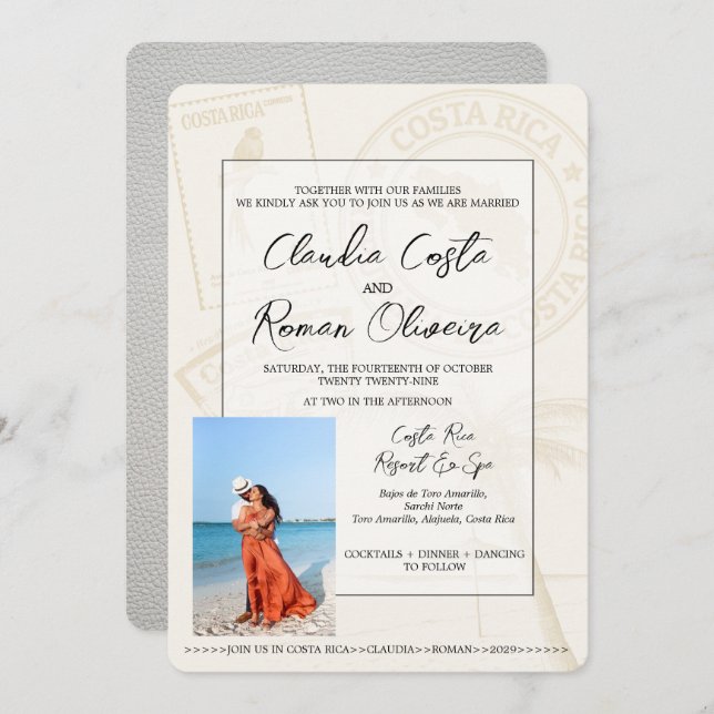 White Costa Rica Passport Wedding Invitation (Front/Back)