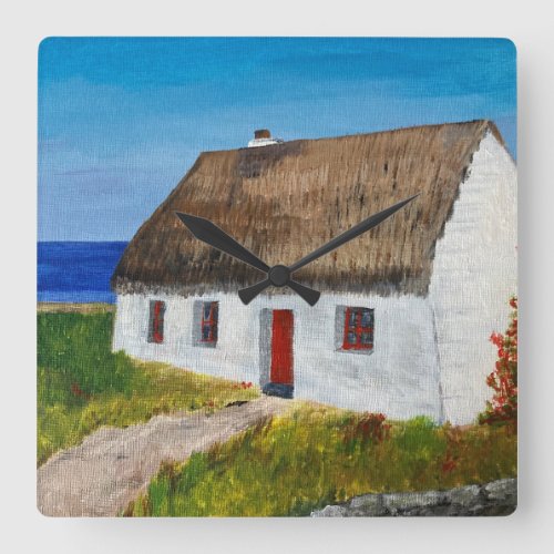 White Cottage overlooking the Sea   Square Wall Clock