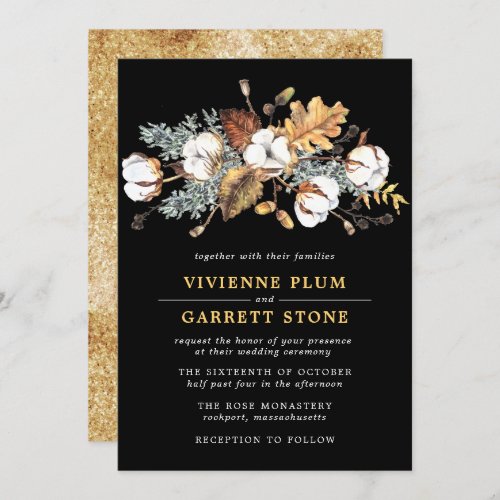 White Cotton Floral Gold Autumn Leaves Wedding Invitation
